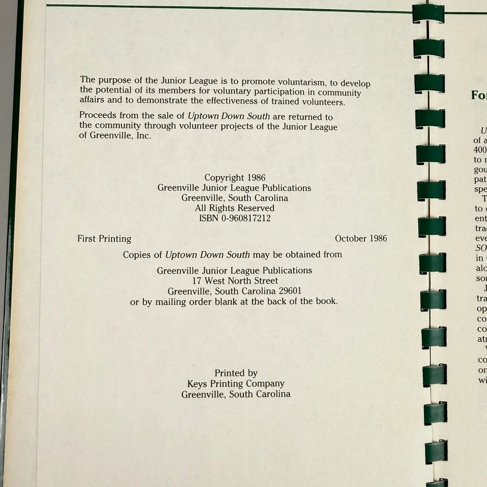 Uptown Down South Junior League Greenville SC Cookbook Southern Menus 1986